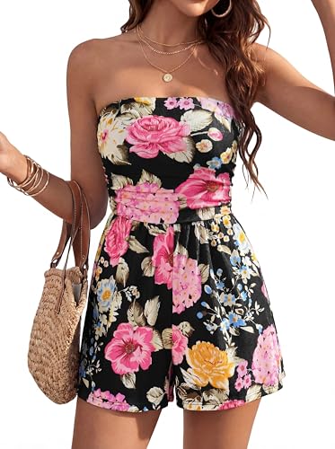 BTFBM Rompers For Women 2026 Summer Strapless Printed Tube Boho Wide Leg Beach Short Jumpsuit Spring Date Night Romper(Floral Black Pink Small)