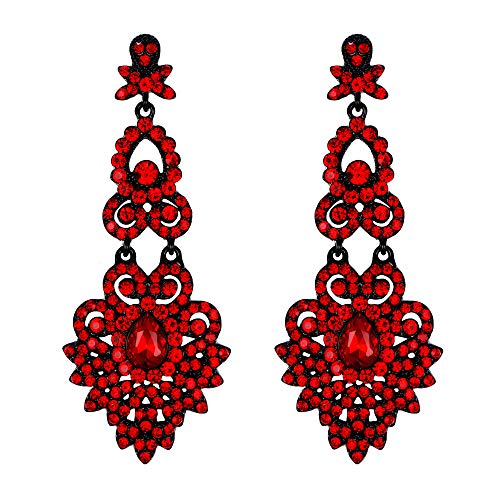 EVER FAITH Mujer Cristal Austríaco Boda Vintage Estilo Floral Hoja Araña Pendientes Colgante Rojo Tono Negro