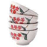 Japanese Style Snowflake Rice Bowl set of 4, Ceramic Rice Bowls for Rice Soup Oat (Red)