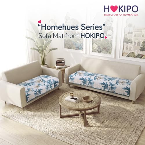 Image of HOKIPO 'Homehues Series' Printed Quilted Sofa Cover Mat for 5 Seater - (3+2), Celadon Blue Camellia (IN-807 + IN-809 - D8)