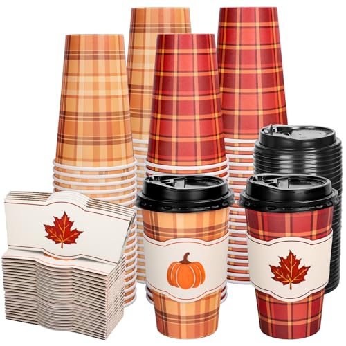 Whaline 50 Pcs Fall Thanksgiving Buffalo Plaid Disposable Coffee Cup with Lids and Sleeves Rustic Pumpkin Maple Leaf Paper Drinking Cups for Autumn Harvest Thanksgiving Party Supplies