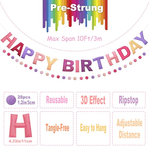 Image of 2 PCS Pre-Strung 3D Felt Happy Birthday Banner - Reusable Happy Birthday Decorations Sign, Felt Ball Garland, Pom Pom Garland, Party Decor, Photo Prop(pink & purple)