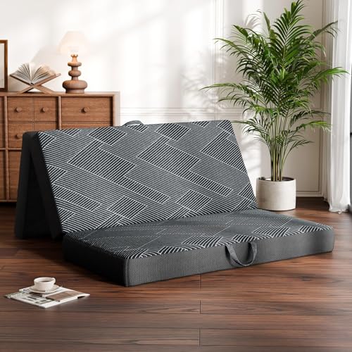 Image of Vamcheer Tri Folding Mattress, 4 inch Full Foldable Mattress, Tri-fold Memory Foam Mat with a Collapsible and Washable Cover, Handle & Non-Slip Bottom, for Travel /Guest, 73 inchx52 inchx4 inch, Grey