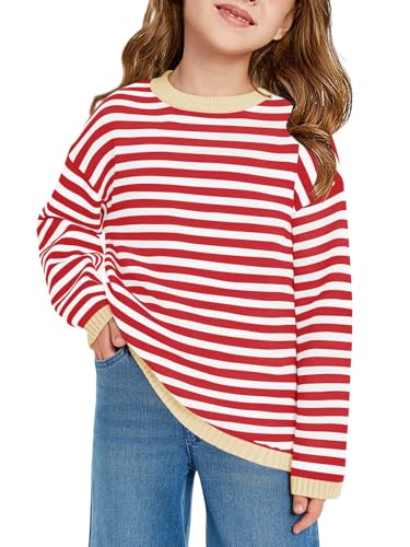 Haloumoning Girls Sweaters Casual Long Sleeve Crewneck Striped Color Block Knit Pullover Tops 5-14Y