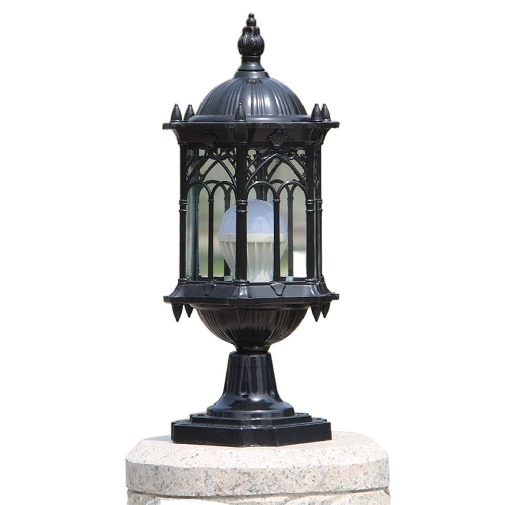 QUSYZD Post Lights Outdoor,European Elegant Retro Post Lamp E27 Single Head Glass Lampshade Aluminum Alloy Column Lamp Ip54 Waterproof Outdoor Lighting Fixture Villa Fence,Black_s