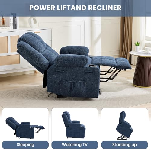 Image of Oversized Linen Power Lift Recliner for Elderly | Electric Stand Assist Chair with Massage Heat & 2 Cup Holders | 155 Lay Flat Recliner for Living Room,Dark Blue