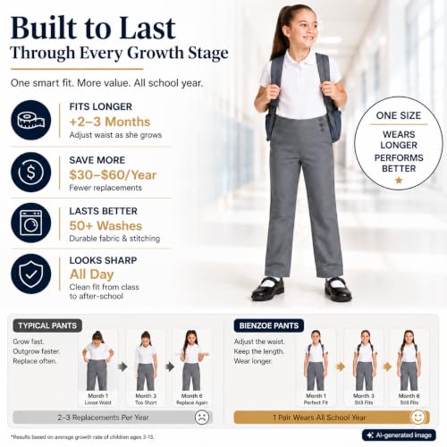 Image of Bienzoe Adjustable Waist Girls Pants: School Uniform Straight Leg | Growing kids Aged 3-13, Classroom, Campus Activities, Adjustable Fit Support, Private Academy Events, Soft Comfort, Easy Care