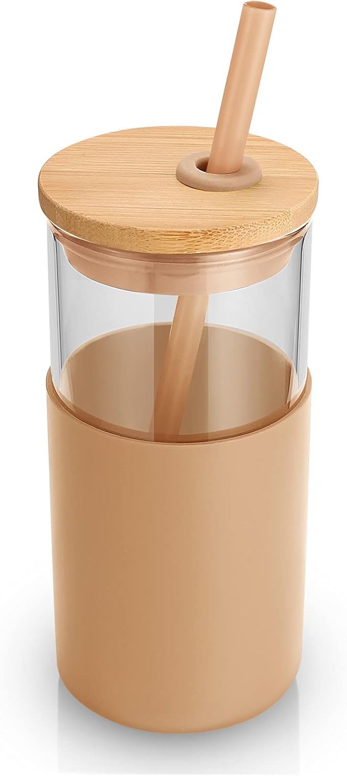Tronco 16 oz Glass Tumbler with Straw and Bamboo Lid, Iced