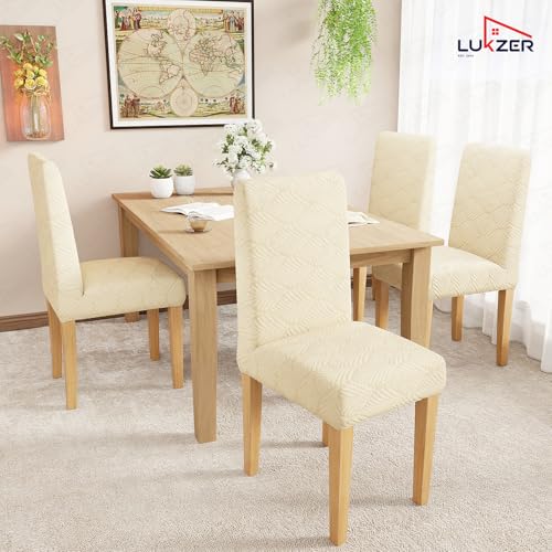 Image of Lukzer Elastic Dining Chair Cover - 4PC Pastel Yellow Leaf Trail | Textured High Stretch Jacquard Seat Cover | Removable Washable Short Dining Chair Cover Protector Seat Slipcover | (CC-126-04)