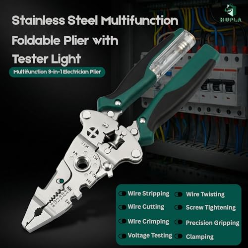 Image of HUPLA 9 in 1 Plier with Tester Light | Multifunction Foldable Wire Cutter & Wire Stripper | Wire Crimping Tool | Electric Tester Plier with Light | Professional Electrician Tool