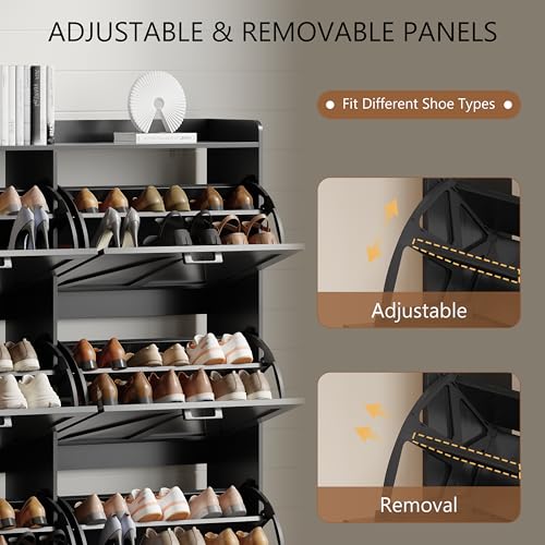 Image of Shoe Cabinet with 6 Flip Drawers, Freestanding Hidden Shoe Storage Organizer for Entryway, Narrow Slim Shoe Rack Cabinet with Open Storage & Hooks for Front Door Entrance, Living Room, Hallway, Black