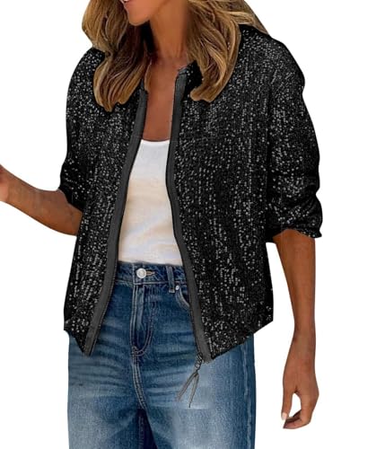 shownicer Jacke Damen Pailletten Langarm Mantel Elegant Glitzer Bomberjacke Bikerjacke Übergangsjacke Herbst Frühling Leicht Jacke A Schwarz XL