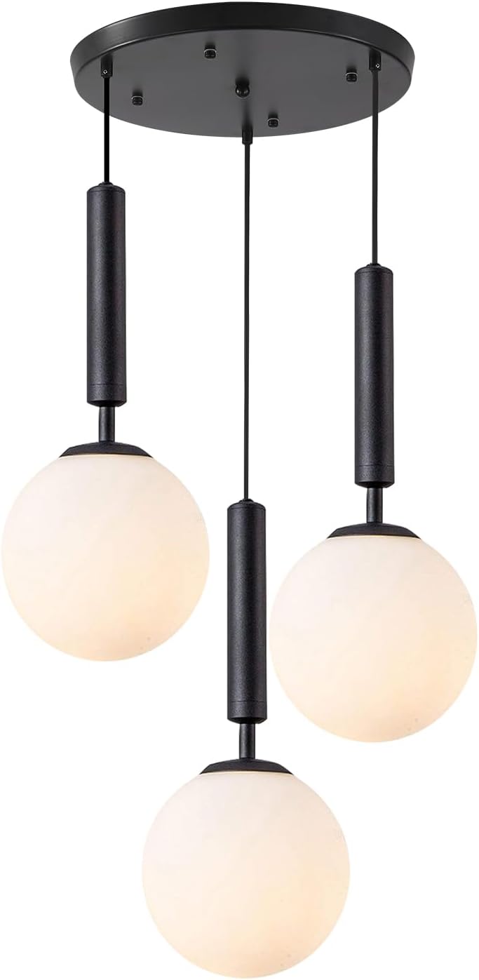 KCO Lighting 3 Light Globe Cluster Pendant Light Modern Large Milk Glass Chandelier Mid Century Black Cluster Chandelier Pendant Lighting Vintage Multi Light Hanging Ceiling Fixture Black-3-Light