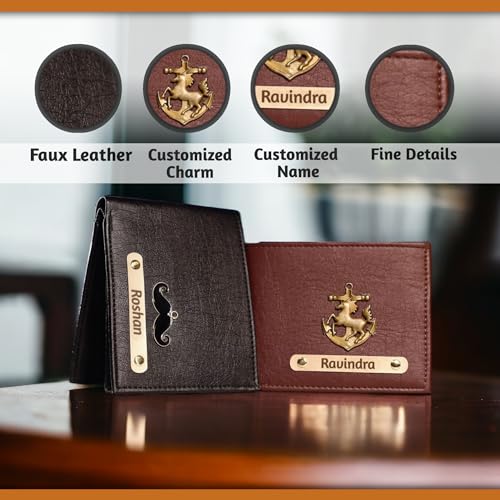 Image of Personalized Wallet for Men | Name Engraved Vegan Leather Men's Wallet with Charm | Free Metal Pen | Customized Gift for Boys & Men