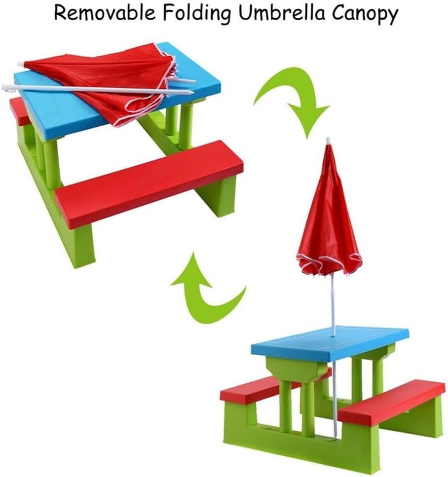 Pemberly Row Kids Picnic Table with Umbrella, Foldable Durable Plastic Construction, Seats 4 Children, Lightweight Portable Design, UV Protection, Indoor/Outdoor Use for Backyard or Playroom