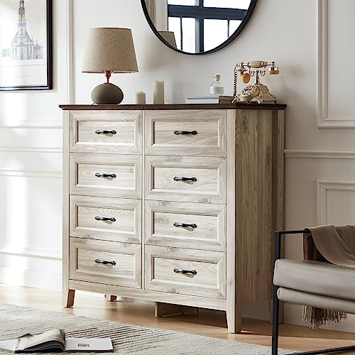 Linsy Home Dresser For Bedroom, 8 Drawer Dresser With Metal Handles, White Chest Of Drawers For Living Room, Entryway And Hallway, White Beige #TOP5