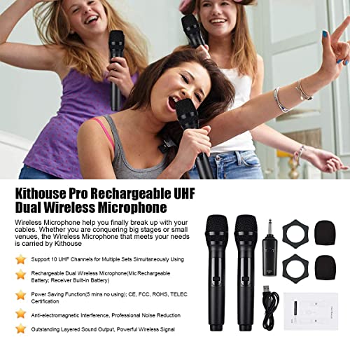 Kithouse K380S Uhf Rechargeable Wireless Microphone Karaoke Microphone Wireless Mic Dual With Receiver System Set - Professional Handheld Dynamic Cordless Microphone For Singing Karaoke Speech Church #TOP6