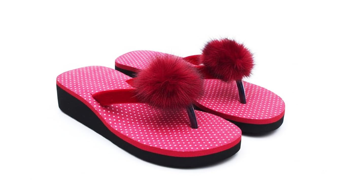 Women's Polka Dot Platform Flip Flops, Pink and Black, Fluffy Pom Pom Sandals, Comfort Wedge Beach Slippers (UK Footwear Size System, Adult, Women, Numeric, Medium, 6)-image-38