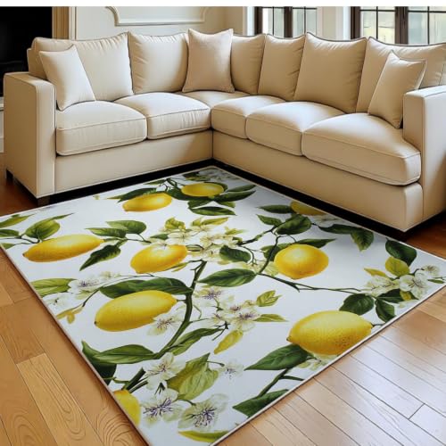 Tapis salon 120 x 180 cm jaune à motifs feuilles et citrons