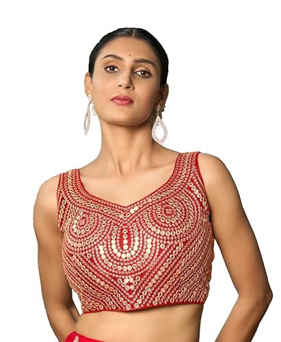 Image of Pujia Mills Fancy Women's foil Mirror and Thread Zari Work Sweetheart Neck Silk Sleeveless Blouse (PC Bindi Foil Parent)