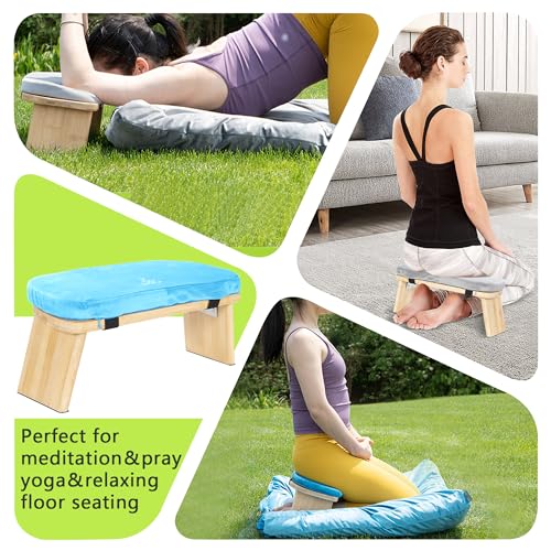 IPEB Meditationsbank Klappbar, Ergonomischer Bambus Yoga Hocker, Meditationshocker mit Kissen, Tragbarer Meditationsstuhl mit Tragetasche zum Knien, Gebet, Fortgeschrittene Praxis (Blau)