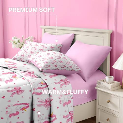 Image of Nesker Bow Comforter Set Twin Size, 5 Pieces Bed in a Bag, Pink Bow Bedding Set for Girls, Cartoon Unicorn Comforter Set with 1 Pillowcase & 1 Sham