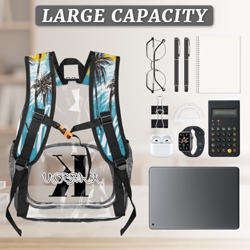 Personalized Small Clear Backpack Stadium Approved Heavy Duty PVC Plastic Custom Tropical Beach Transparent Backpacks See Through Bag with Name, Palm Tree Summer3