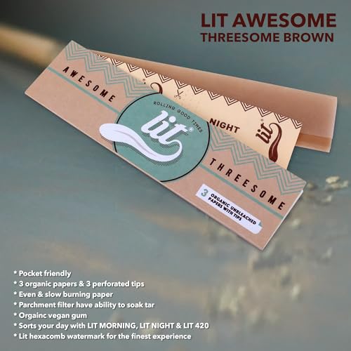 Image of LIT AWESOME THREESOME Organic Brown Rolling Paper Pack of 50 (3x3) GET FREE Two 420 High Society Booklets & Two Roach Book.