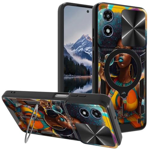 Mxfdegf for Moto G Play 2024 Case, with Slide Camera Cover&Shockproof Bracket, Dual Layer Durable Heavy Duty Protective Cell Phone Case for Motorola G Play 4G 2024,Purple African Woman
