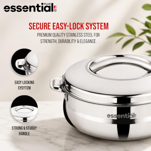 Image of BERGNER Essential Plus Stainless Steel Belly Shape Hot Pot 1500ml, Double Wall Roti Casserole, Food Grade, Hot and Cold Storage, for Rotis /Parathas /Pulao /Biryani, Hot for Hours, Easy to Clean