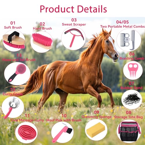 Horse Grooming Kit 13 Piece, Horse Brushes for Grooming Supplies with Tote Bag, Horses Tack Brush Set for Effective Grooming and Cleaning, Gift for Horse Riders Beginners (Pink) - Image 3