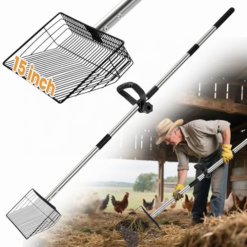 Image of 15 inch Chicken Poop Scooper & Rake, Metal Chicken Coop Scoop for Poop with 24 to 68 inch Adjustable Stainless Steel Handle, Litter Scooper Sifting Shovel Chicken Coop Accessories