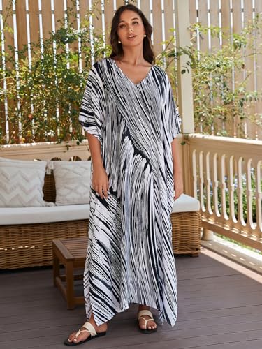 Image of IMAGEKOPE Women's Plus Size Loose Fit Moroccan Print V-Neck Batwing Kaftan Beach Dress Bathing Suit Cover Up