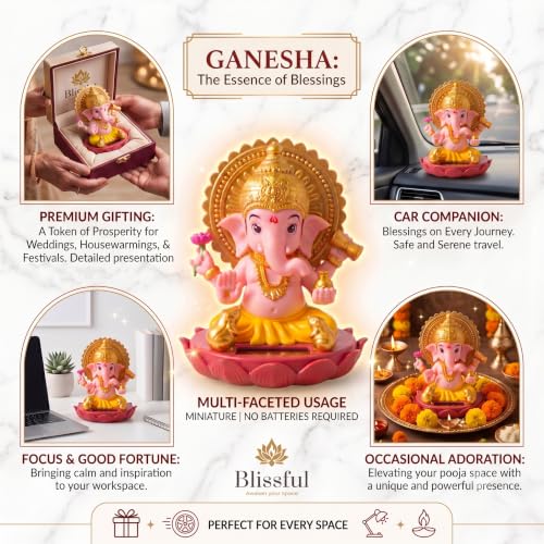Image of Blissful Solar Moving Lord Ganesha Idol Statue Ganpati Murti for Car GoodLuck Office Home Decorative Showpiece - 11 cm (Plastic, Crystal, Gold, Yellow)