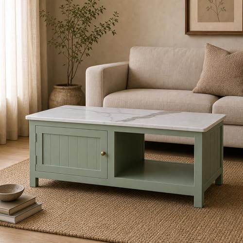 Image of Solid Wood Center Table| Premium Sintered Stone Coffee Table for Living Room | Wooden Centre Table | Finish- Premium Acrylic Sage Green