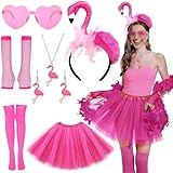 Disfraz de flamenco para mujer de 7 piezas, con diadema de flamenco, falda de tul rosa, corazón, gafas de sol, guantes de sol, calcetines, disfraces de carnaval para mujer, disfraz de carnaval para