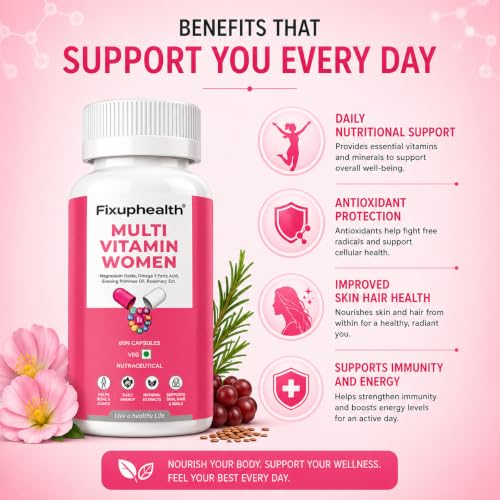 Image of Fixuphealth Multivitamin Capsules for Women | Multivitamin with Probiotics, Omega 3, Evening Primrose Oil, Vitamins C, D & B12, Magnesium & Zinc | Immunity, Energy & Daily Wellness Support | 60 Capsules