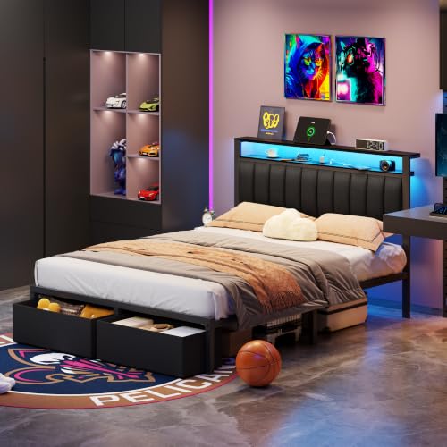 Image of Furnulem Queen Bed Frame with Storage Drawers and Upholstered Headboard