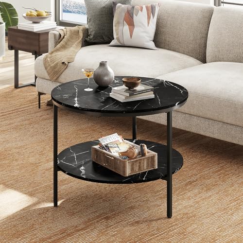 WLIVE Couchtisch Rund, Wohnzimmertisch Holz mit 2 Ebenen, Sofatisch mit viel Stauraum, für Wohnzimmer, Schlafzimmer, Modern Design, Marmor Schwarz – Bild 3