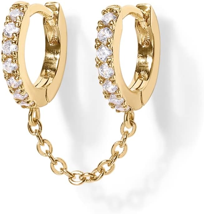 PAVOIPAVOI 14K Gold Chain Earrings for Women | Double Piercing Dangle Chain Huggie Hoop Earrings | Cubic Zirconia Pearl Stud Ear Cuff Earrings for Women