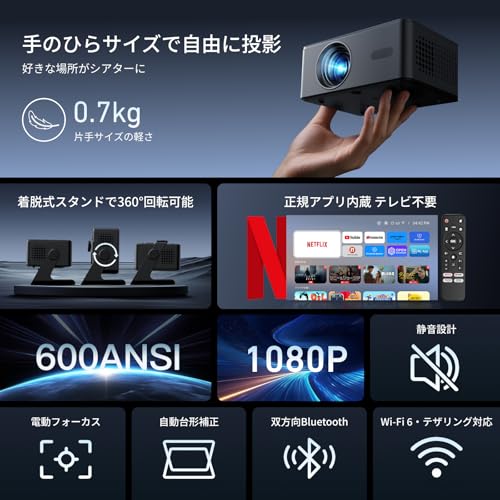 undefined プロジェクター家庭用 小型 天井 静音【Netflix・Prime Video・YouTubeアプリ搭載】600ANSI 4K対応 自動台形補正 0.5M短距離投影 Wi-Fi6/Bluetooth5.4スタンド一体型 軽量 ミニ スマホ/パソコン/PS5/Switch/DVD接続可 プレゼント3年保証2025年新登場MX1ブラック の商品画像 1