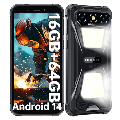 OUKITEL G5 Movil Irrompible Android 14-16GB+64GB (1TB TF) Móvil Rugerizado con Doble Luz de Camping, Batería 6300mAh, 6.0