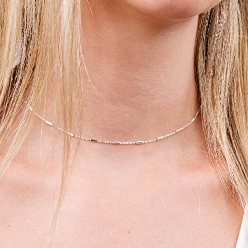 Tooliks - Delicate Sterling Silver 925 Choker Necklace - Handmade Short Satellite Chain With Tiny Tube Bars - Length 13.5 + 3" Extender #TOP3