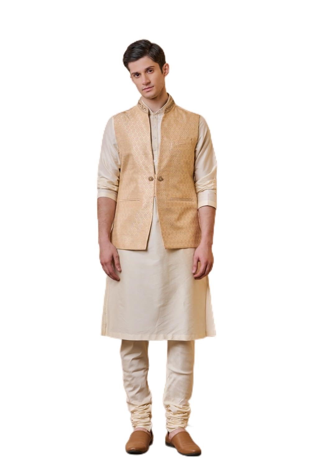 tasva Peach Stylised Brocade Bundi For Men-picture-10