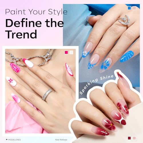 Image of Modelones Gel Nail Polish Set -6 Colors 2026 Summer Hot Pink Blue Milky White Clear Blooming Gel Polish Burgundy Nude French Jelly Nail Gel Polish DIY Gift with Golden Beads & Nail Dotting-Liner Brush