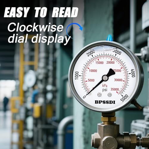 Image of 0-5000 Psi Glycerin Liquid Filled Hydraulic High Pressure Gauge, 2.5 inch Dial Size, 1 /4 inch NPT Lower Mount, 304 Stainless Steel Case, for Water Oil Air Gas Pressure Test