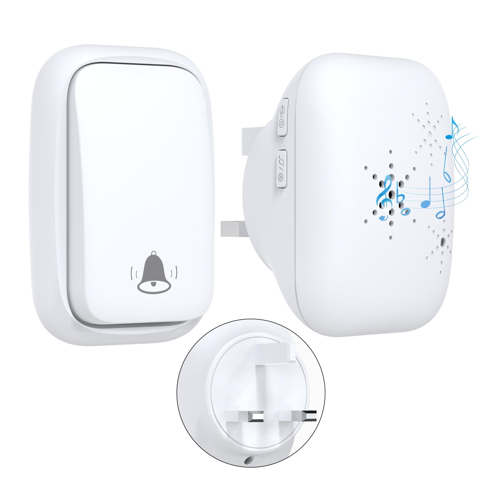 Cerhot UK Plug Self Powered Wireless Doorbell No Battery 150M Distance 38 Songs Door Bell Button Outdoor Doorbell Wireless Waterproof for Home School Office (UK 1V1 White B)