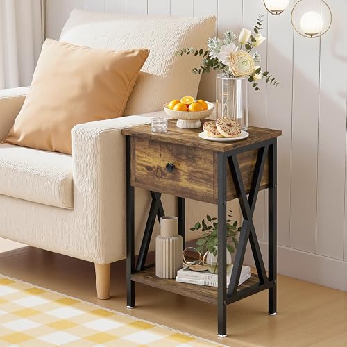 Image of VECELO Nightstand,Modern Bedside End Tables, Night Stand with Drawer and Storage Shelf for Living Room Bedroom, Industrial Metal Frame