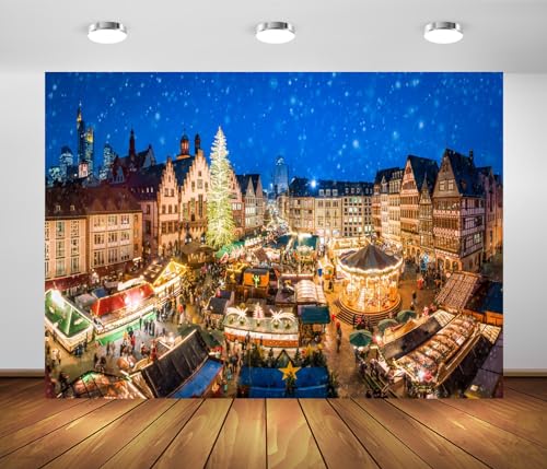 BELECO 5x3ft Fabric Christmas Market Backdrop Snowing Night Snowflakes German