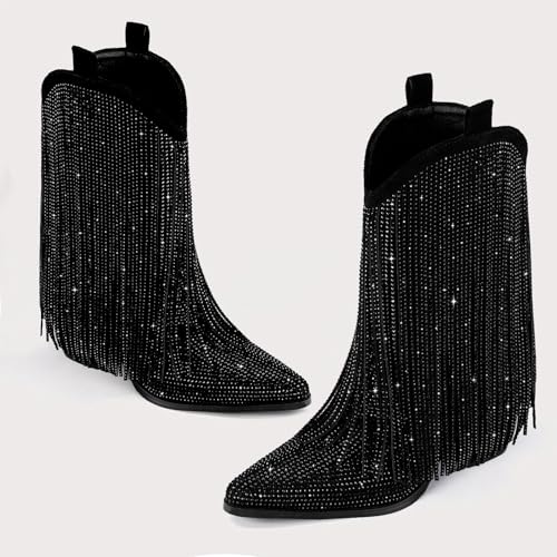 Image of Cowboy Boots for Women - Cowgirl Western Rhinestone Sparkly Fringe Chunky Heel Pointed Toe Mid Calf Boots